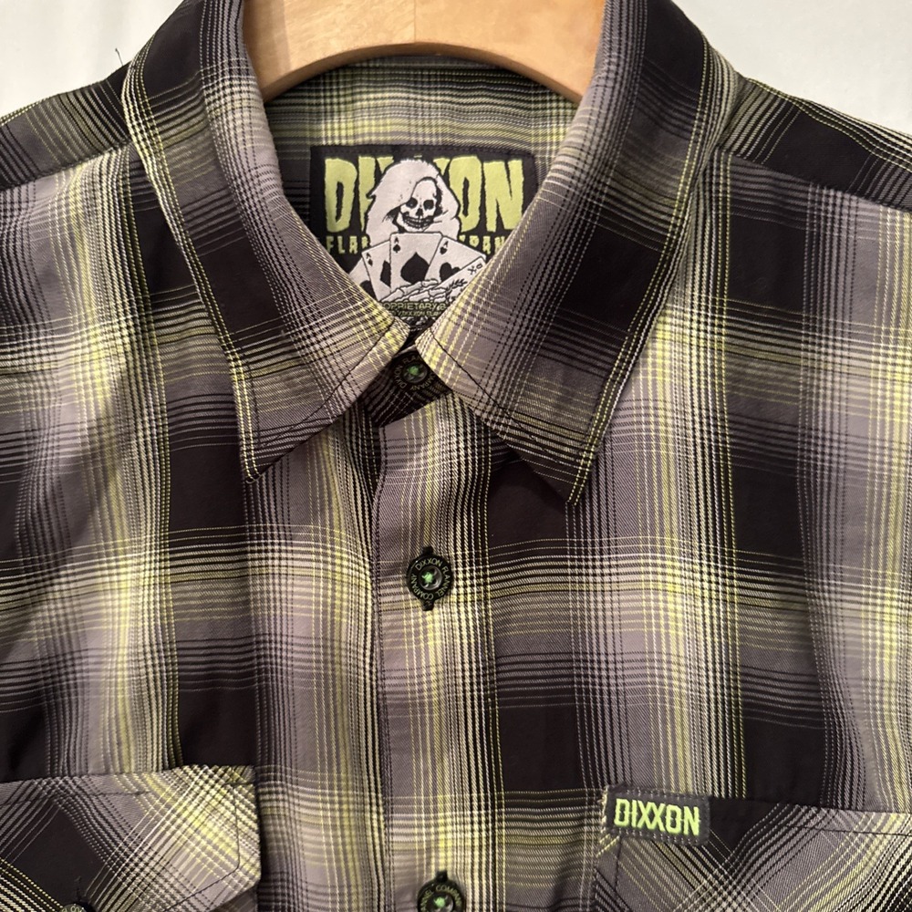 Dixxon The Ace Bamboo Blend Shirt Men LG Black/Gray Plaid Short Sleeve Button Up